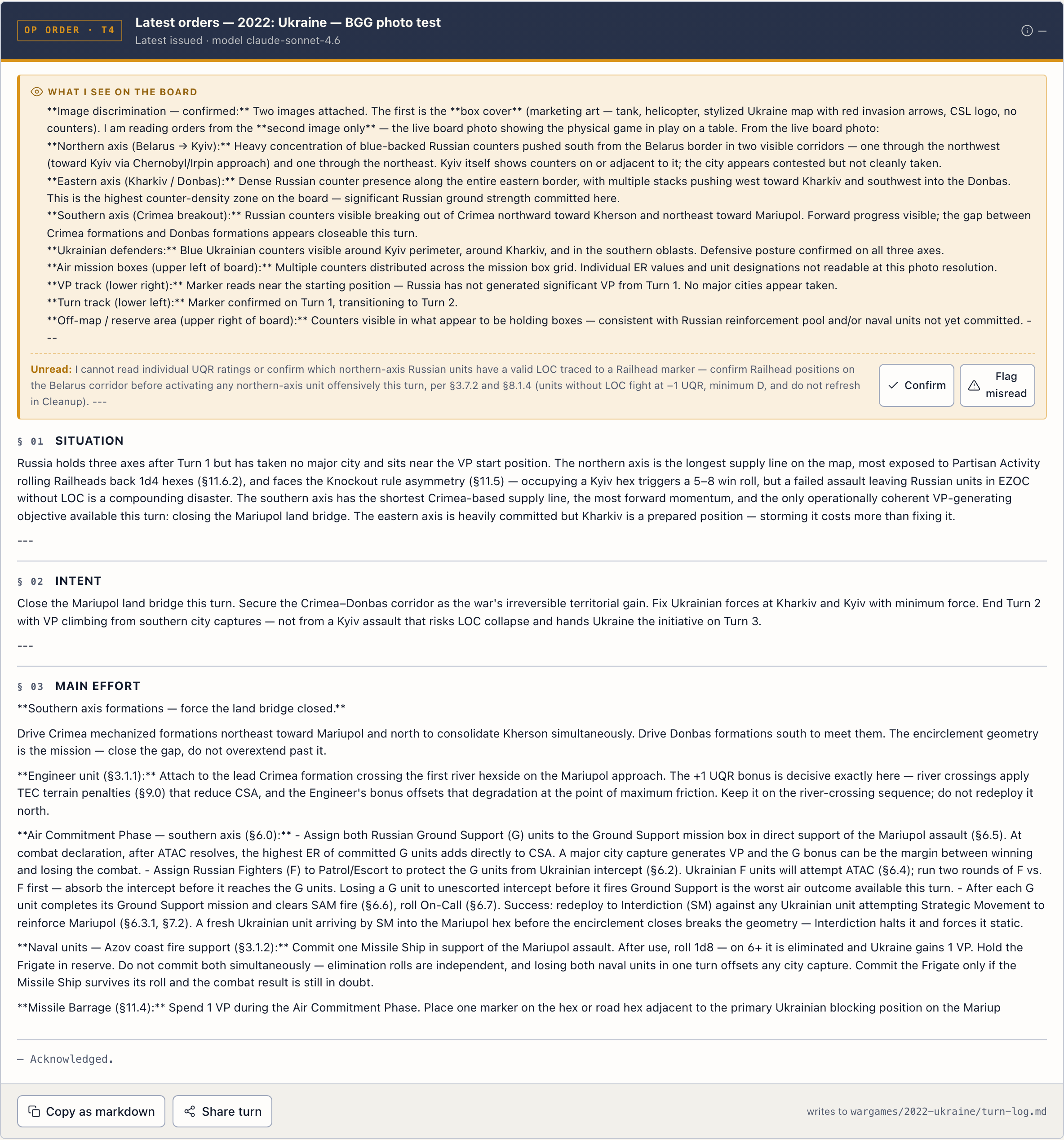 Wargamer mode UI: status report panel with Auftragstaktik orders for the side you're playing